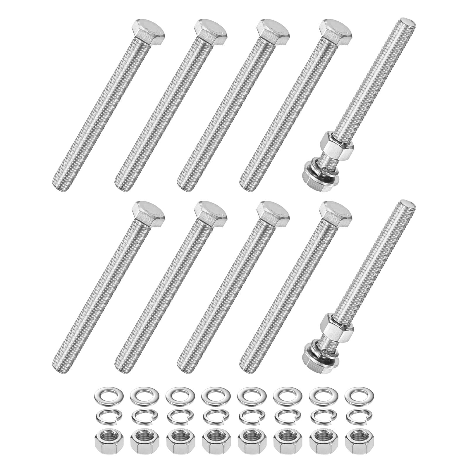 M METERXITY 10-Pack Hex Head Screw Bolt with Nuts Flat & Lock Washers M12x110mm Stainless Steel Bolts and Nuts Kit Fully Threaded Metric Bolt Assortment for Equipment/Machinery