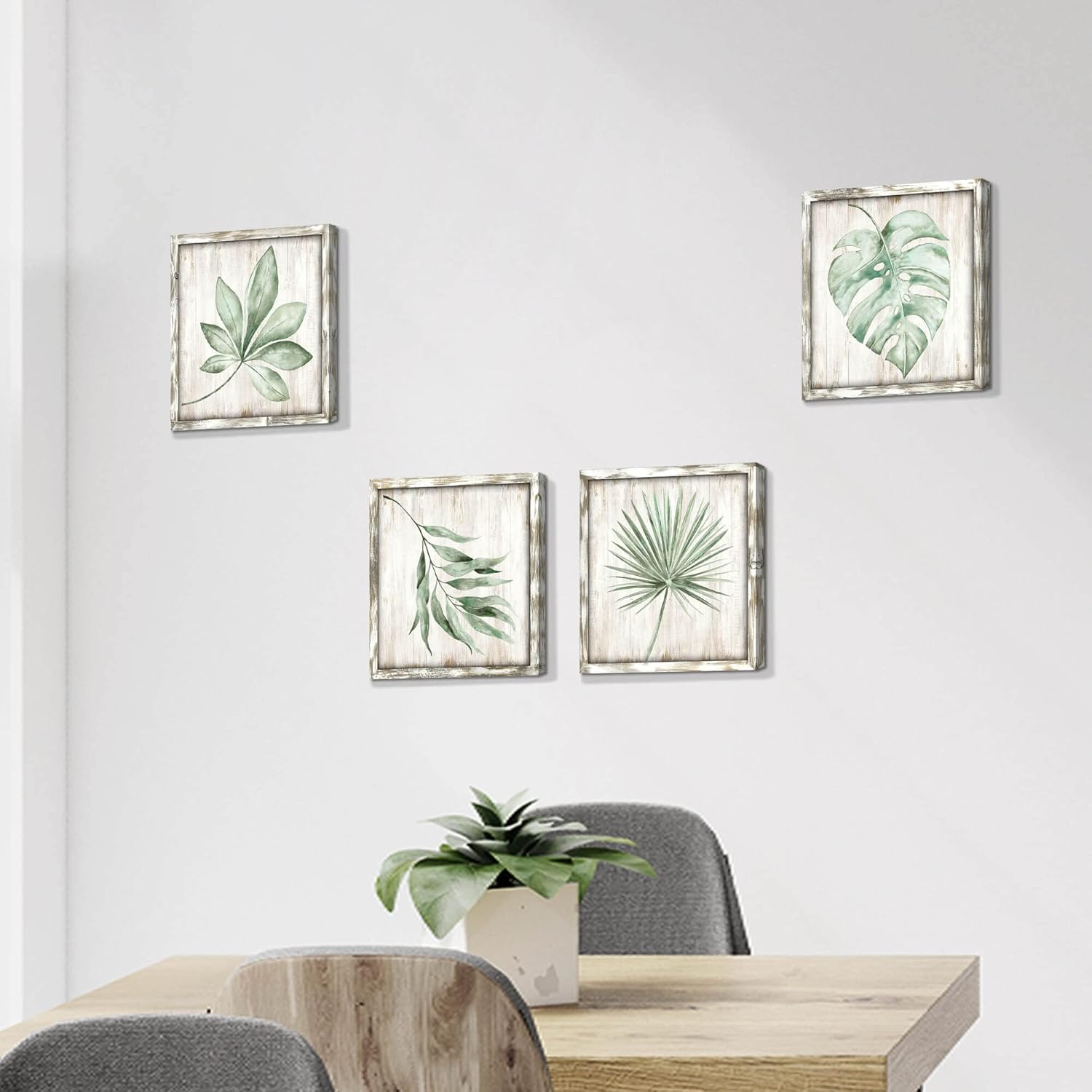 Hardy Gallery Green Leaves Prints Wall Art: Rustic Wooden Background Palm Tree Leaf Simple Life Painting for Bathroom Wall Decor (12 X 12 X 4)