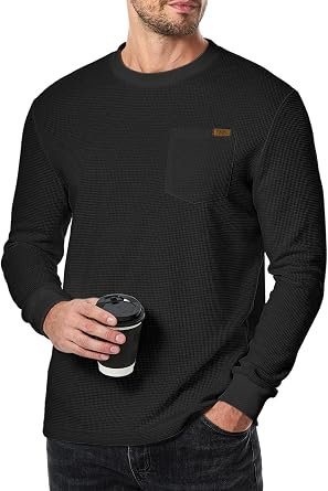 Dokotoo Men Mens Long Sleeve Shirt Casual Crewneck Lightweight Pullover Honeycomb Waffle Solid Knitted Tees with Pocket