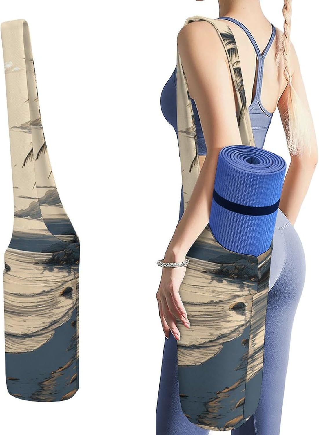 Canvas Yoga Mat Bag Palm Trees Fishing Boat Printed Yoga Mat Storage Bag with Strap Large Capacity Gym Bag for Men Women Pilates Beach Travel