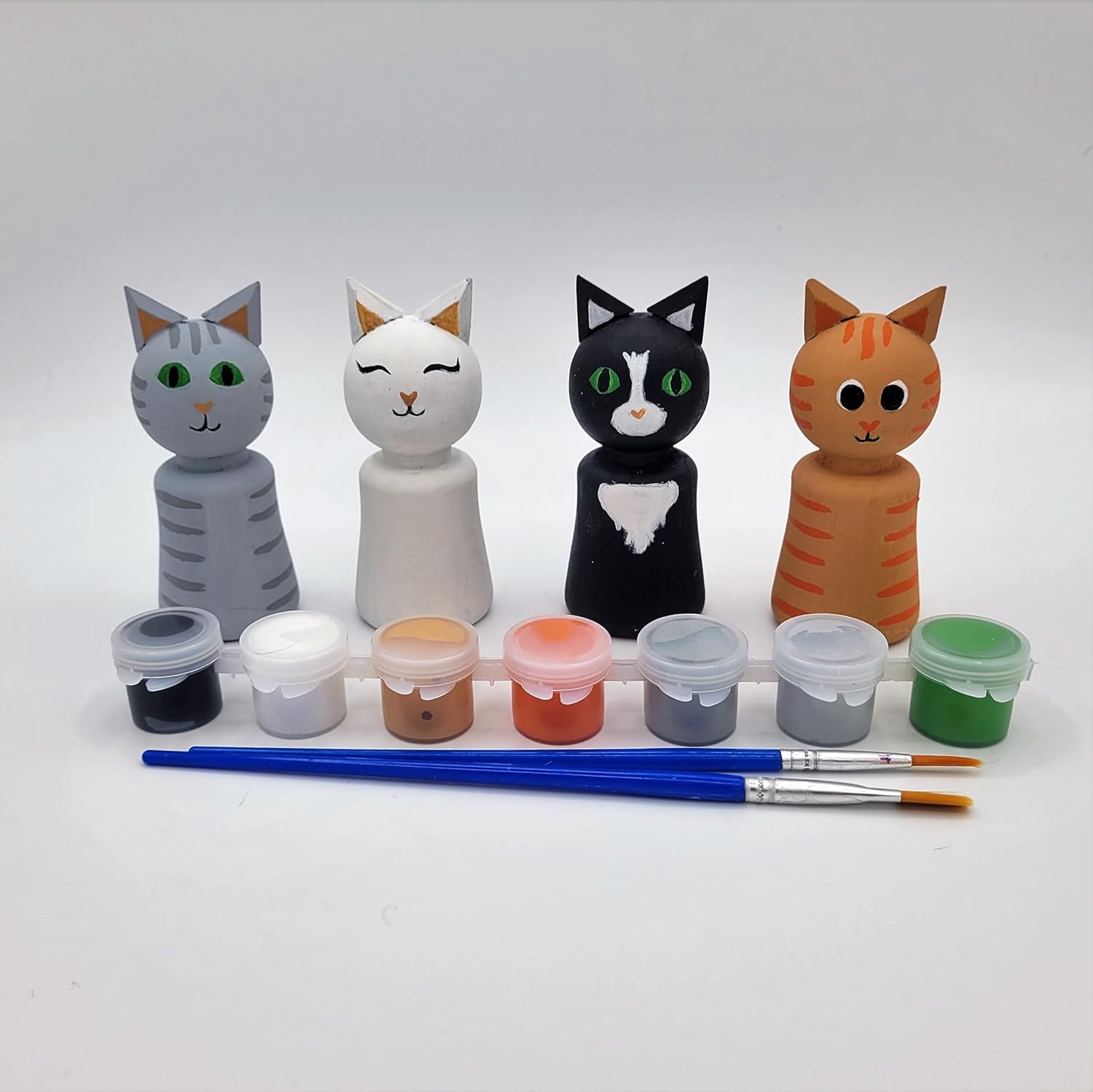 Ink and Trinket Kids DIY Cat Peg Doll Painting Kit, Craft Kit Includes 4 Peg Doll Animals with 6 Unique Designs to Choose from, Gift for Cat Lovers, Boys, and Girls