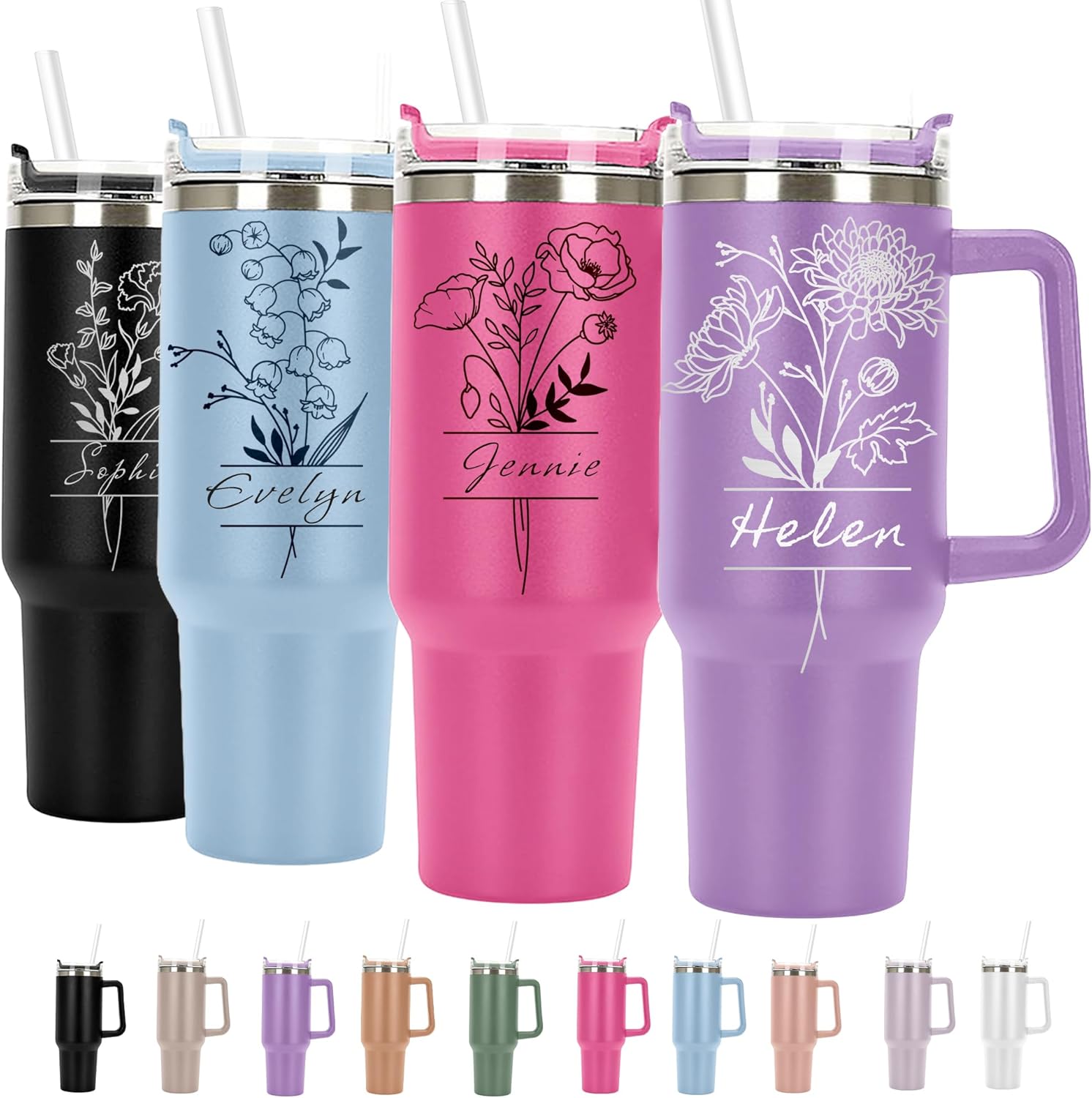 LifGif Birth Month Flower Personalized Tumbler 40 oz Laser Engraved, Insulated Cup with Handle, Lid and Straw, Stainless Steel Large Vacuum Insulated - Custom Gift for Bridal Party, Birthday Gift