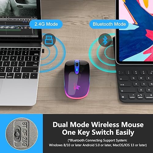 Miniatura 2 de HOTLIFE Ratón Bluetooth inalámbrico con modo dual (Bluetooth 5.1+USBTipo-c) Ratón LED silencioso recargable de 2.4 GHz para
