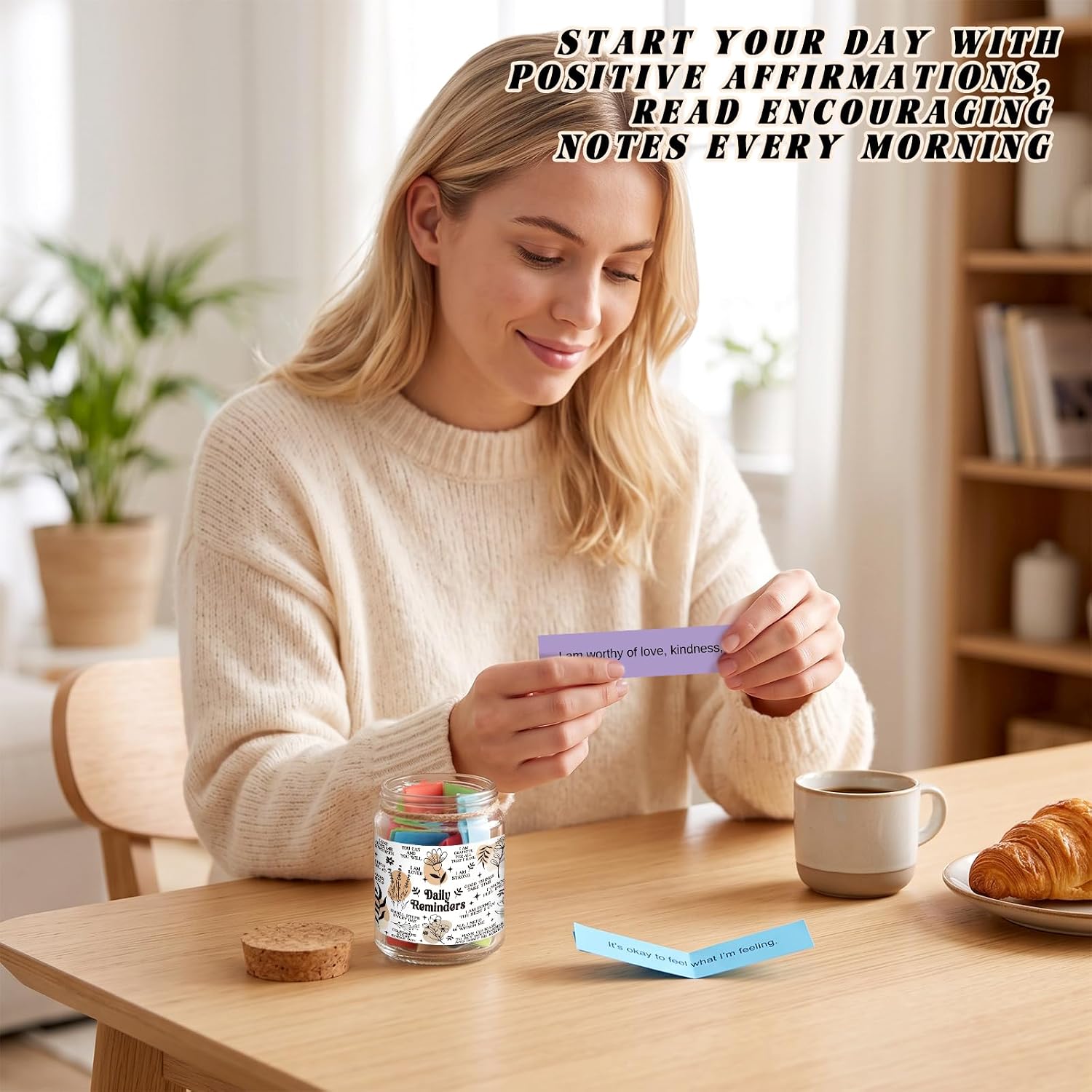 Lunmon Daily Affirmation Jar, Positive Affirmation Cards for Women, Self Love Motivation Jar Positive Quotes, Thoughtful Birthday Gifts for Women Men Friends Teens Coworkers, Motivational Desk Decor image 4