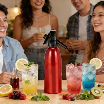1L Portable Home Soda Maker - Aluminum Soda Syphon for DIY Carbonated Soda Water, Nostalgic Sparkling Water Maker Bottle Kit for Refreshing Seltzer, Cocktails, Juices and Fizzy Drinks (Red)