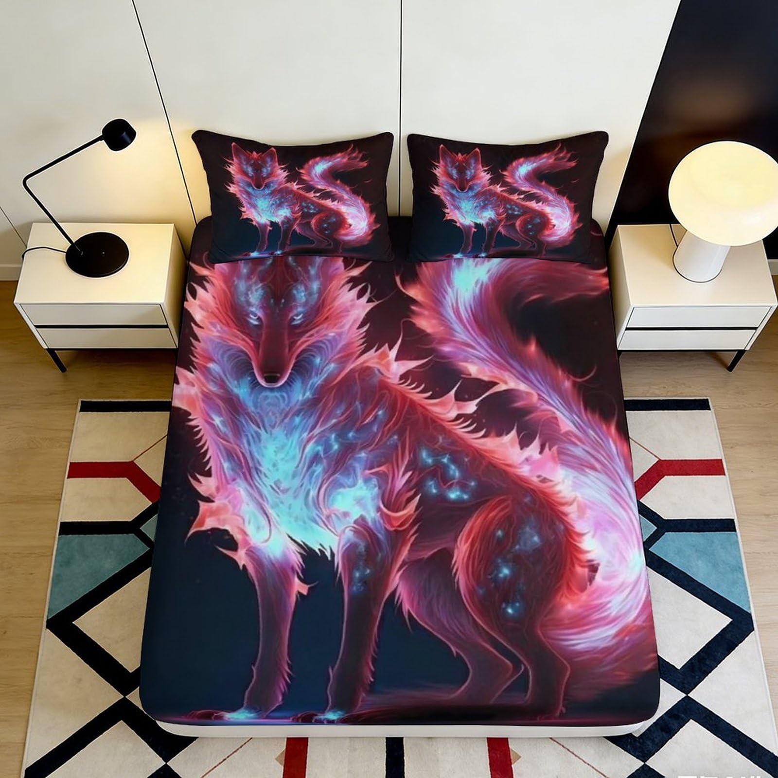 3D Printed Fantasy Wolf Fitted Sheet Microfiber Deep Pocket Elastic Hem Wolf Mattress Fitted Cover for Home Bedroom 180x200x25cm
