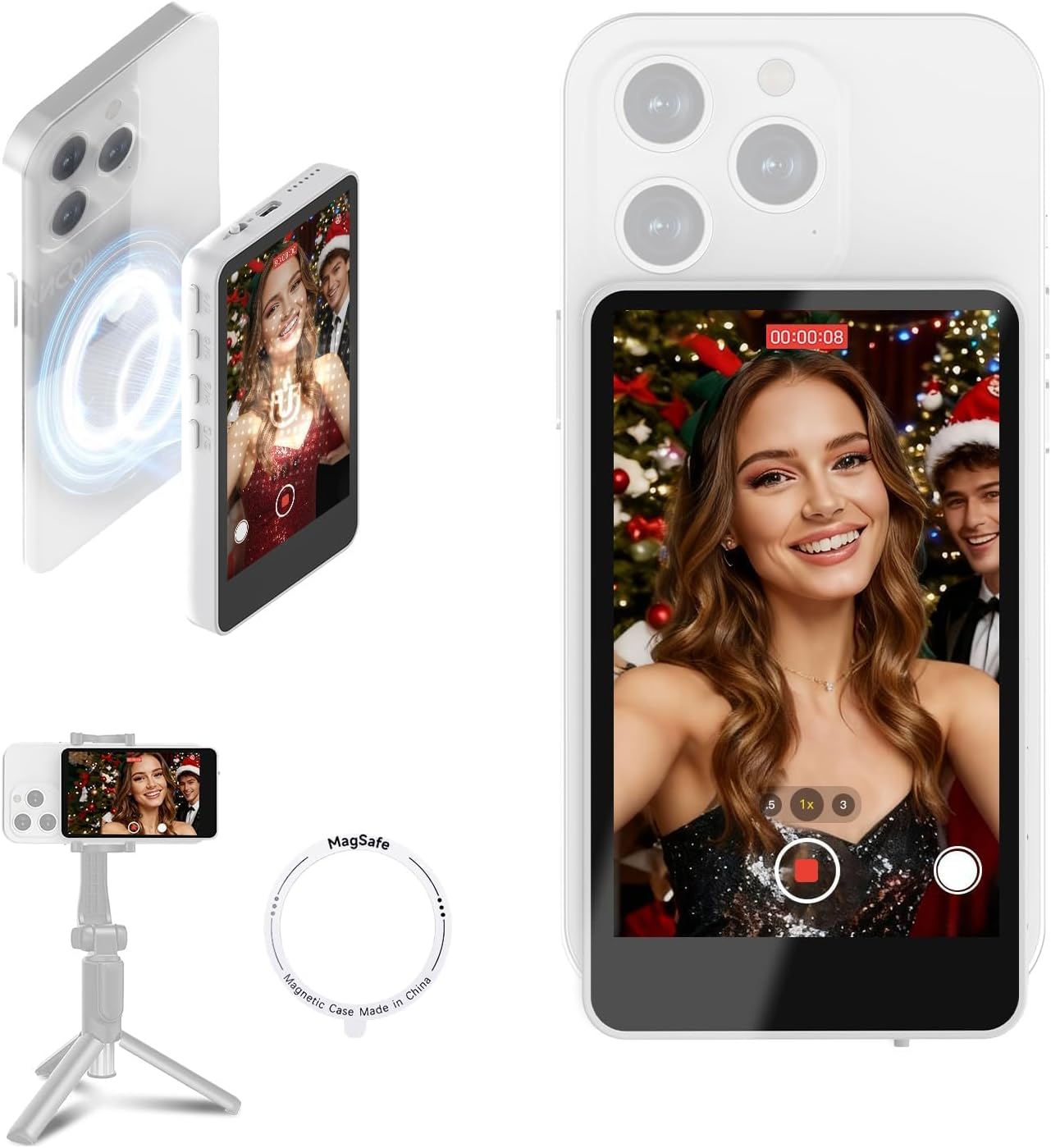 SYNCO XView Selfie Monitor Screen for iPhone 17 Series & Android, Wireless 4K/1080p Magnetic Vlog Back Camera Monitor with 164FT Range, Built-in Speaker for YouTube TikTok Live Streaming Photo(White)