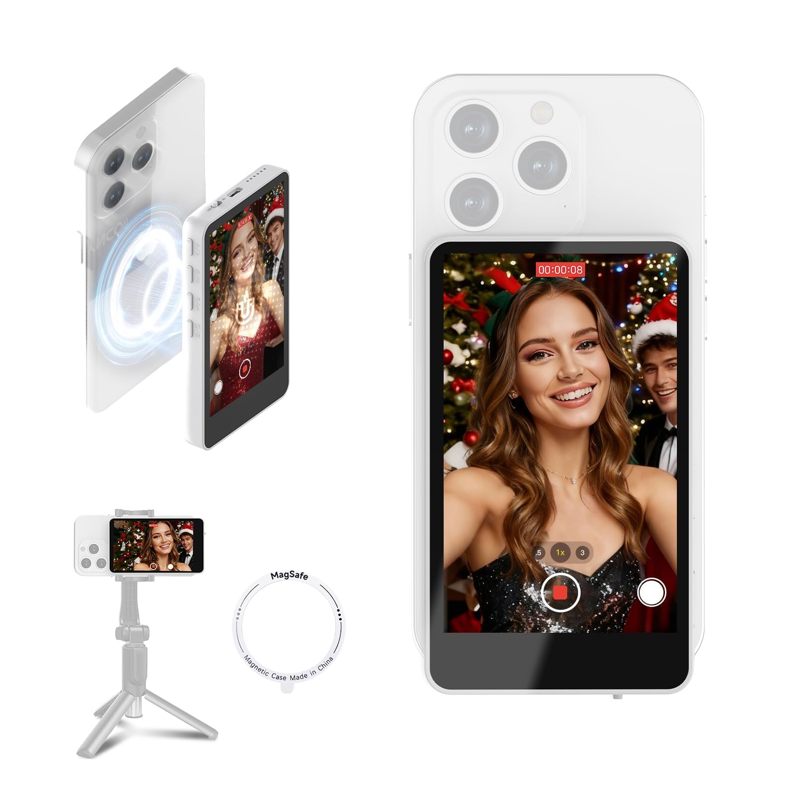SYNCO XView Selfie Monitor Screen for iPhone 17 Series &amp; Android, Wireless 4K/1080p Magnetic Vlog Back Camera Monitor with 164FT Range, Built-in Speaker for YouTube TikTok Live Streaming Photo(White)