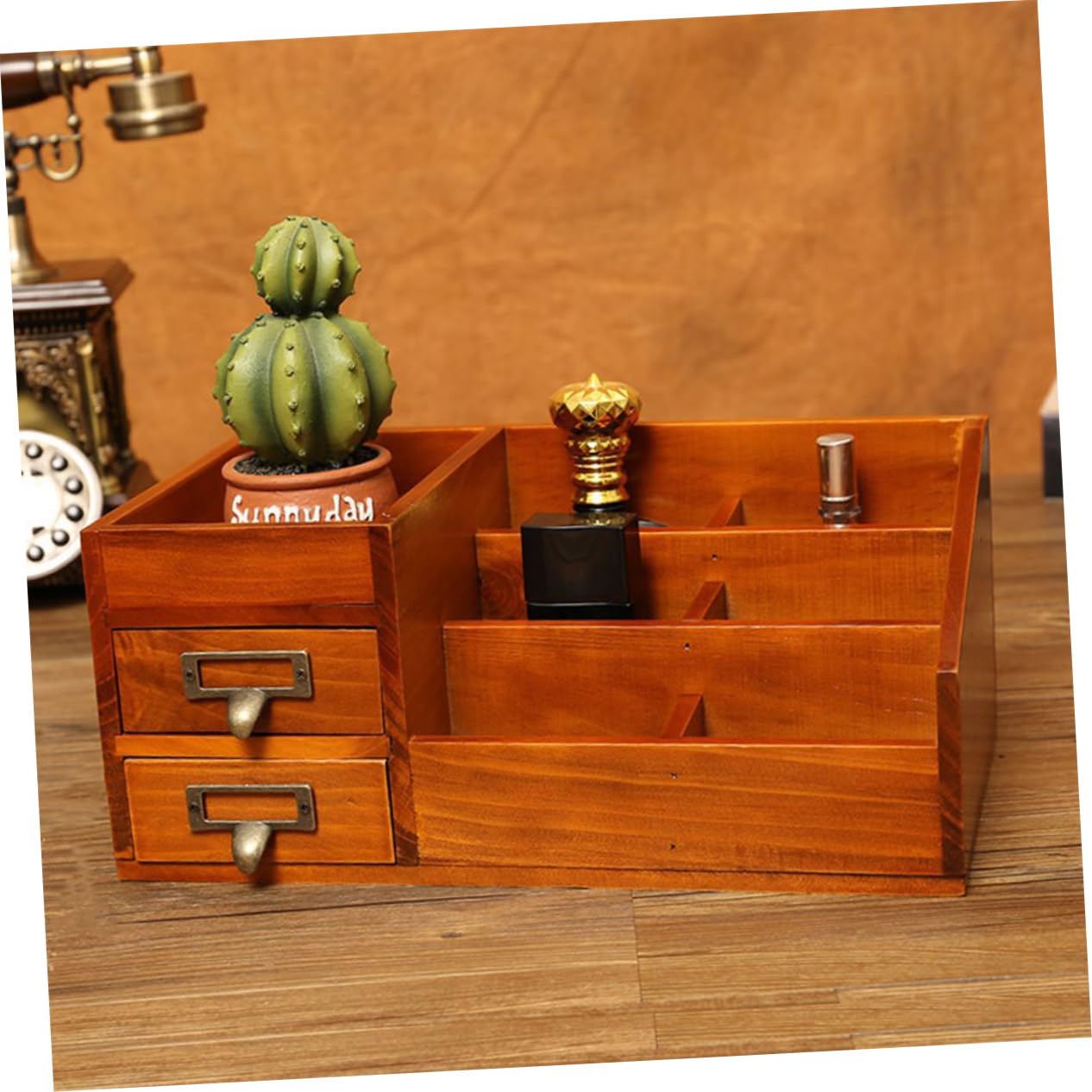 Schminkorganizer Holz mit 6 Fächern und 2 Schubladen, Tischablage