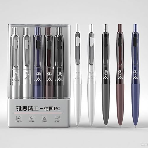 Juego de bolígrafos de gel prémium con organizador de escritorio ultrafino, 5 colores, punta fina de 0.020 in, tinta de alta capacidad, agarre mate,