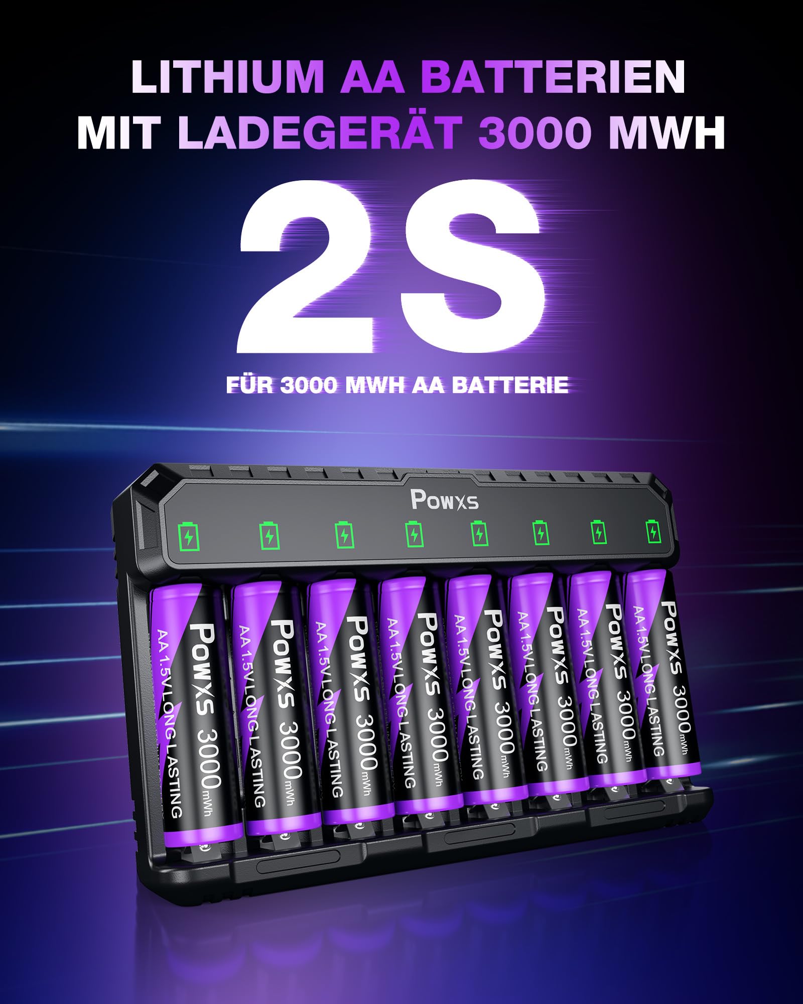 POWXS 1.5V Lithium Akku AA 8-Pack 2000 Zyklen & Stahlgehäuse, 3000mWh,mit USB Schnelladegerät, Kompatibel AA/AAA für Spielgeräte & Blink-Kameras