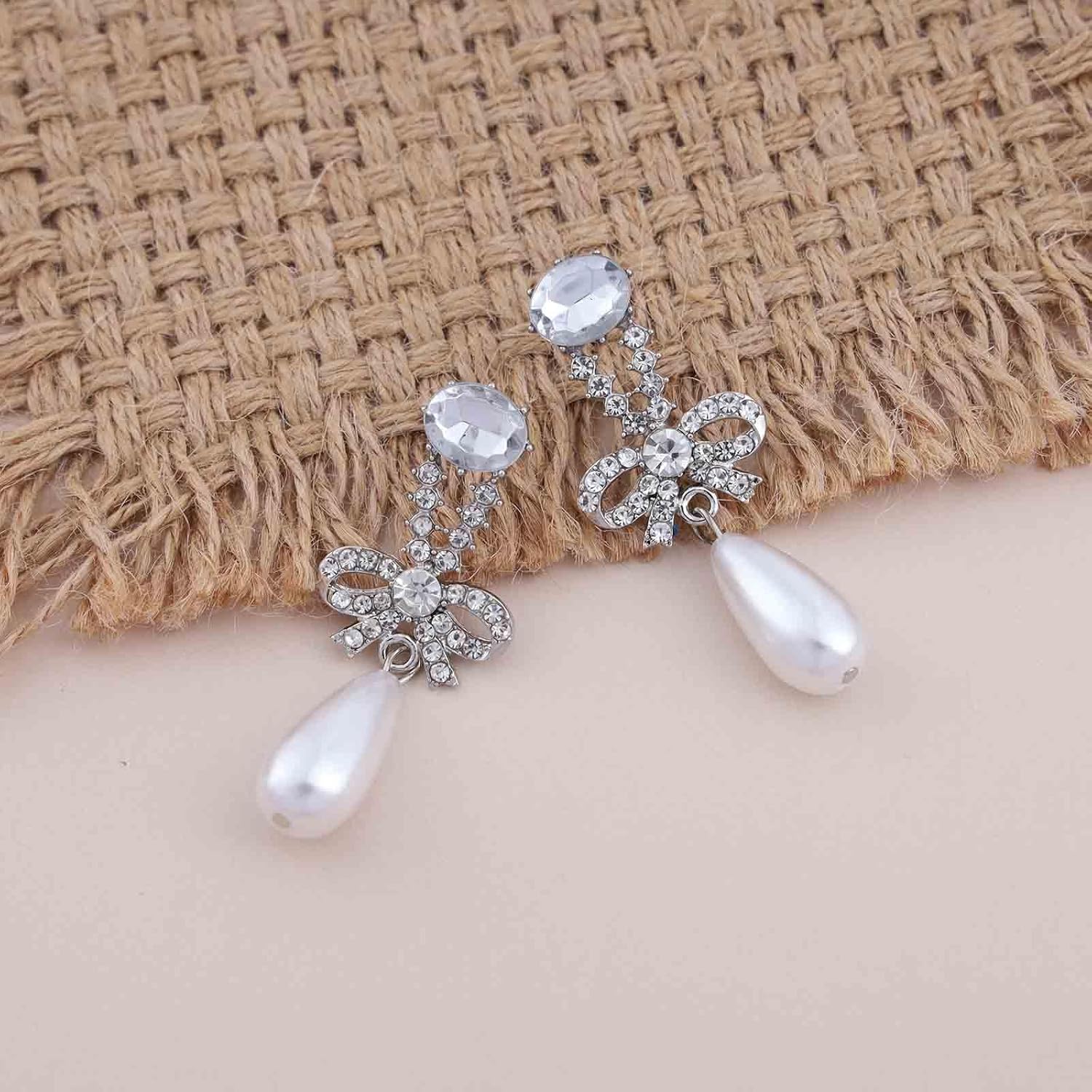 Boho Teardrop Pearl Earrings Rhinestone Pearl Dangle Earrings Silver Cz Bow Stud Earrings Crystal Bow Drop Earrings Gemstone Stud Earrings Jewelry for Women - Image 3