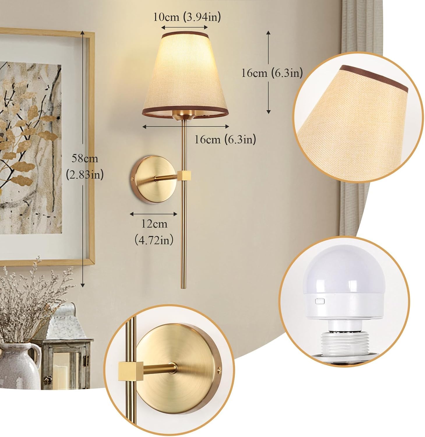 Applique da Parete Senza Fili con Telecomando, Lampadina dimmerabile Ricaricabile Tramite USB, Paralume in Tessuto Bianco e Oro Vintage per Soggiorno e Camera da Letto.