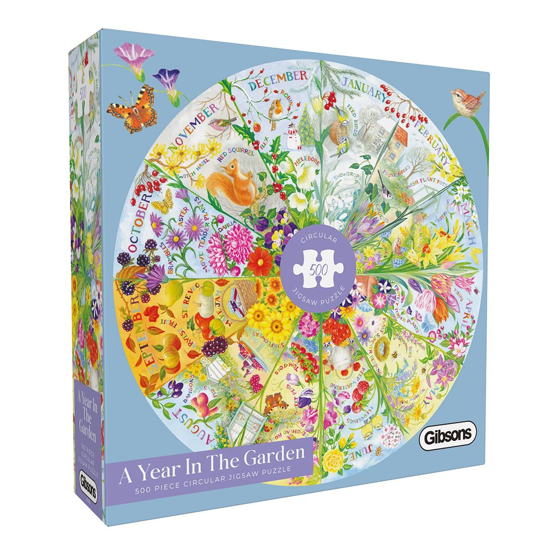 Gibsons A Year in the Garden 500 Piece Circular Jigsaw Puzzle for Adults – Seasonal Nature Scene by Claire Comerford – Premium Sustainable Puzzle Made in the UK/EU