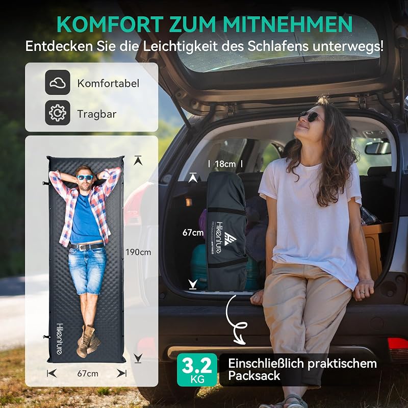 HIKENTURE Önfelfújó Kempingmatrac 10 cm Vastag, Memory Foam Túramatrac 200 kg Teherbírással, Sötétszürke Hálózsák Alátét Túrázáshoz, Kemping - Darkgray