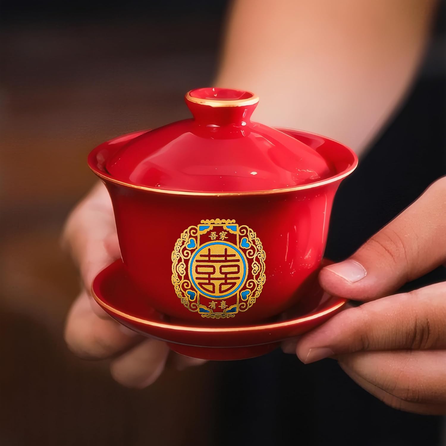 Chinese Wedding Tea Cup Set - Ceramic Double Happiness Cups, A Pair Wedding & Party Ceremony Supplies, Kung Fu Tea Cup and Saucer with Lid