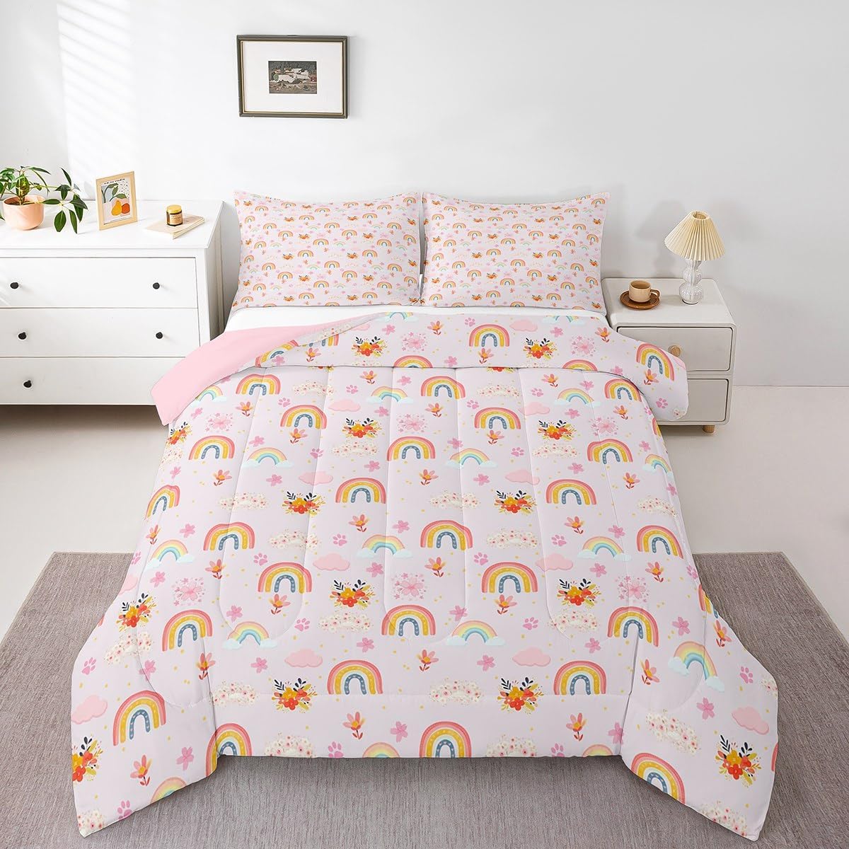 Manfei Girly Rainbow Comforter Set Twin Size, Cute Cloud Heart Bedding Set 2pcs, Cartoon Style Down Comforter for All Season, Kids Boy Girls Room Decor, Lightweight Duvet Insert, 1 Pillowcase