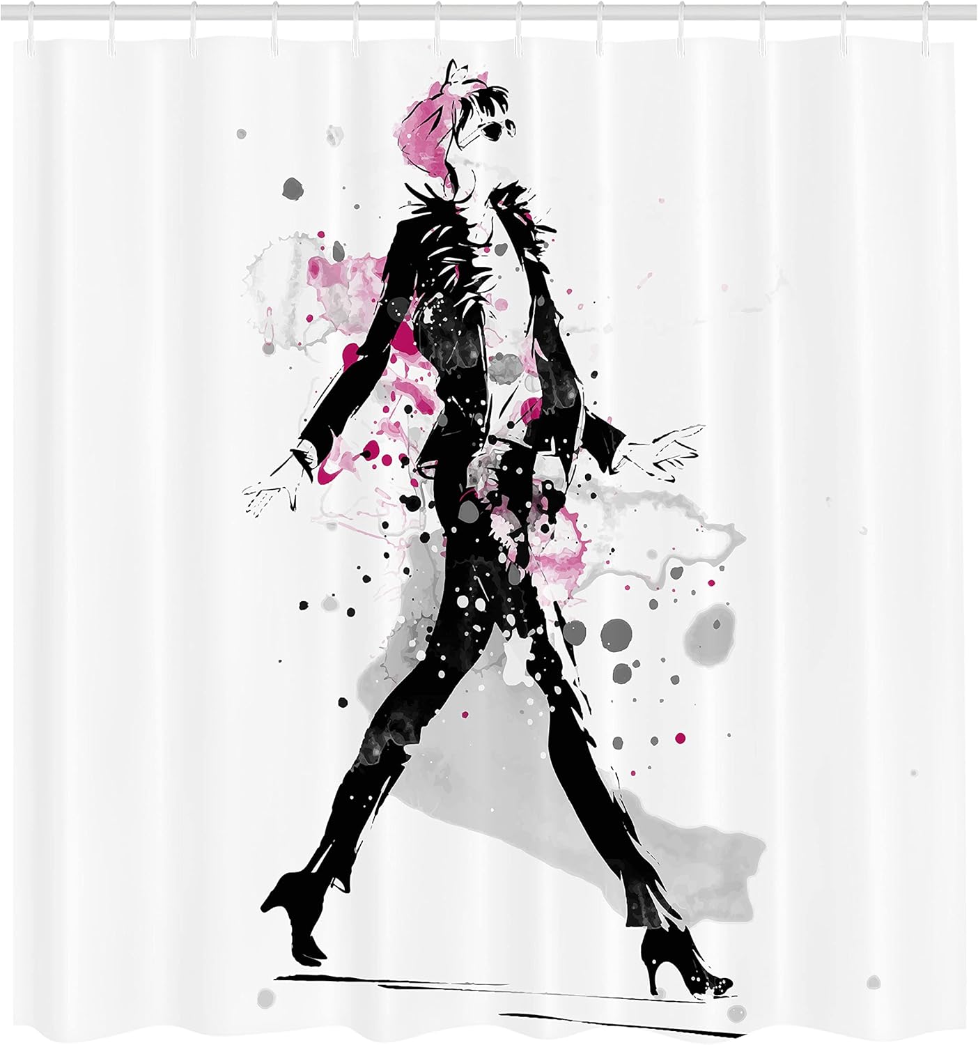 Ambesonne Fashion Shower Curtain, Woman Model on Catwalk Runway in Vintage Clothes Design Illustration, Cloth Fabric Bathroom Decor Set with Hooks, 69" W x 75" L, Black and Pink