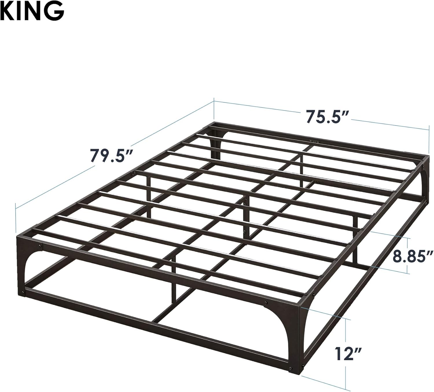 Diagram showing the dimensions of the Mellow 12-inch King size bed frame: 79.5 inches length, 75.5 inches width, 12 inches height, and 8.85 inches clearance.