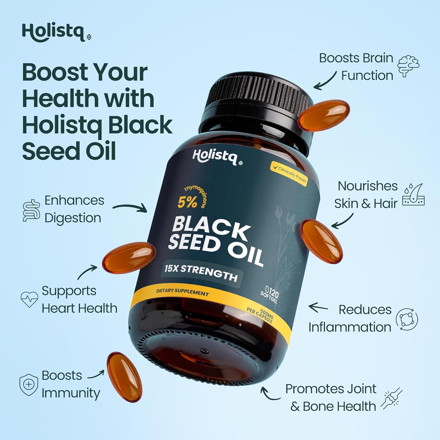 Black Seed Oil Organic Cold Pressed Capsules | 5% Thymoquinone | Non-GMO & Vegan | Nigella Sativa Black Cumin Seed Oil, Omega 3 6 9 Adult Wellness Support - 120 Softgels, 2 Months Supply