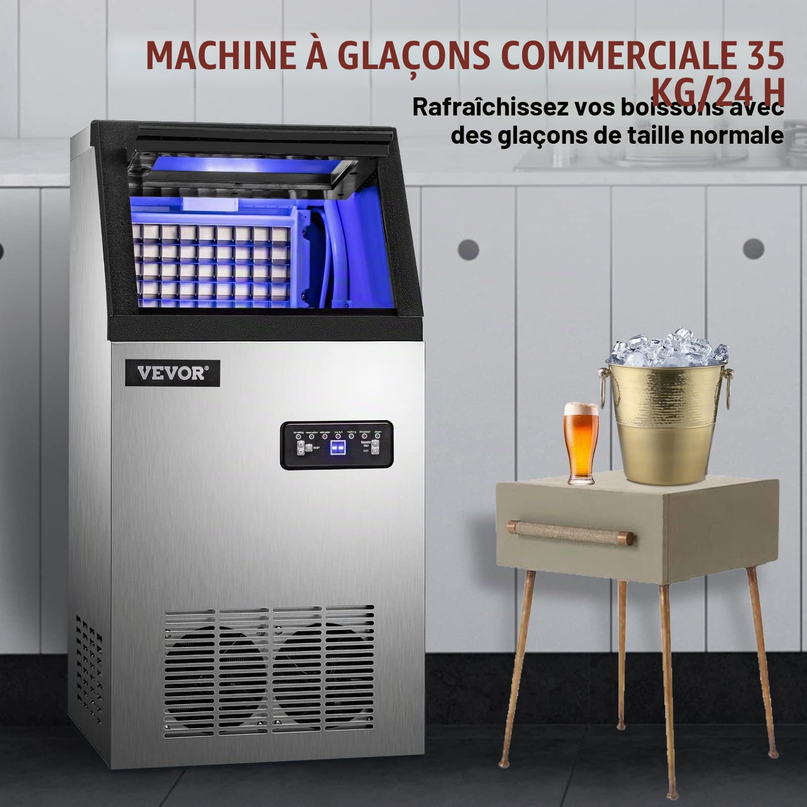 VEVOR Machine à Glaçons 220v Capable de Produire 35 kg par 24 heures Machine à Glace Commerciale Pour Cafés, Maisons, Restaurants, Bars, Hôtels