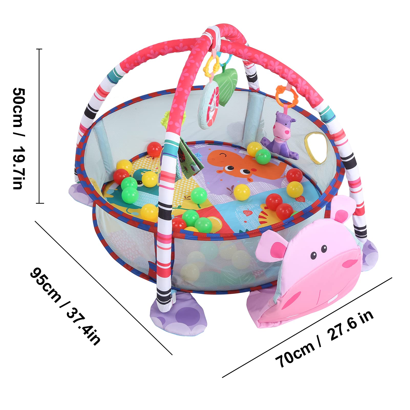 Tappetino da Gioco per Bambini 3 in 1, Struttura Fitness per Palestra, Colore Brillante, per Neonati e Bambini Piccoli, in Tessuto, 95 X 70 X 50 cm. (Ippopotamo Rosa)