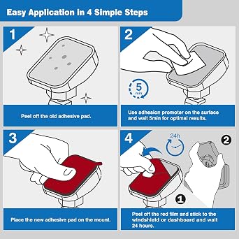 4-Pack Double-Sided Adhesive Pads for Dash Cam Mount Heat-Resistant High-Bond Replacement Tape 2 Square & 2 Rectangular Pads for Windshield and Dashboard Includes Adhesion Promoter