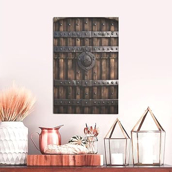 Wall Art Framed Canvas Prints Modern Artwork Large Art Canvas Painting Wooden Castle Wall Metal Gate Wall Hanging Wall Decor for Living Room Bedroom Home Office Decor Ready to Hang 18"x12"