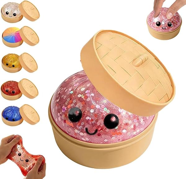 Dumpling Squishies,Giant Glitter Dumpling Box,Colorful Sensory Toys Stress Relief Ball,Soft Squeeze Decompression Dough Gift for Adults,Easter Basket Stuffers (B-Pink, 1PCS) - 1