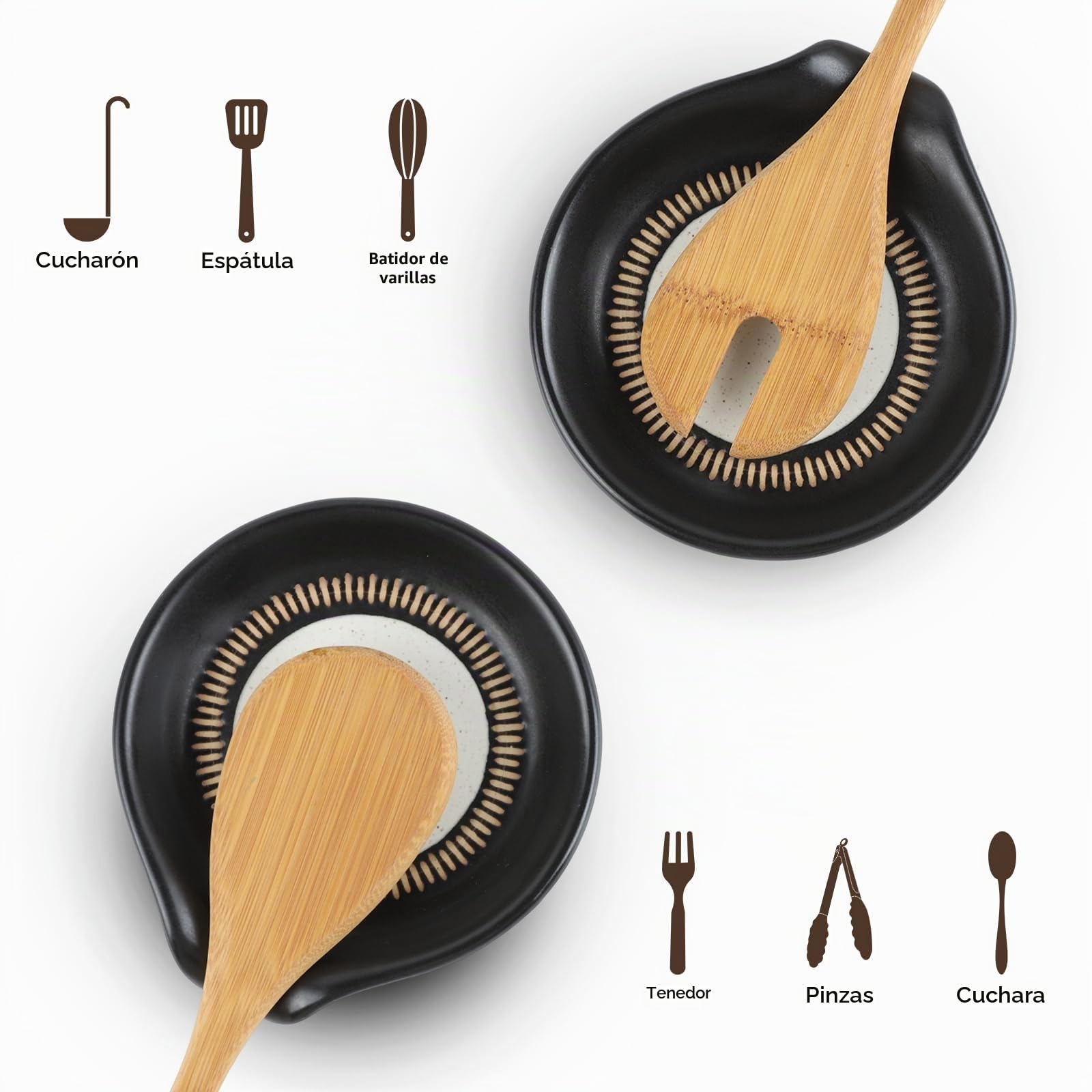 Toski Reposa Cucharas Ceramica para Estufa Mostrador de Cocina, Posacucharas Resistente Calor, Soporte De Cuchara Negro, Grande Reposacucharas para Espátulas, Cucharas, Pinzas, Apto Para Lavavajillas