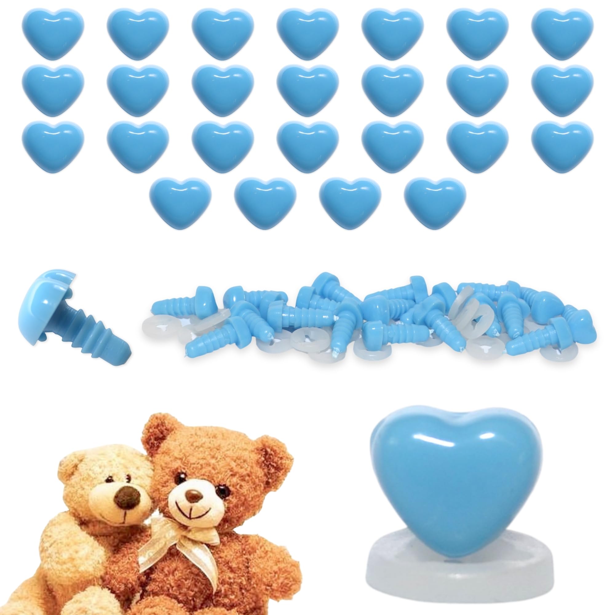 celloexpress 8mm x 7mm Deep Sky Blue Heart Noses with Plastic Backs - Safety Noses for Soft Toy Teddy Bear Animal Making (Pack of 25)