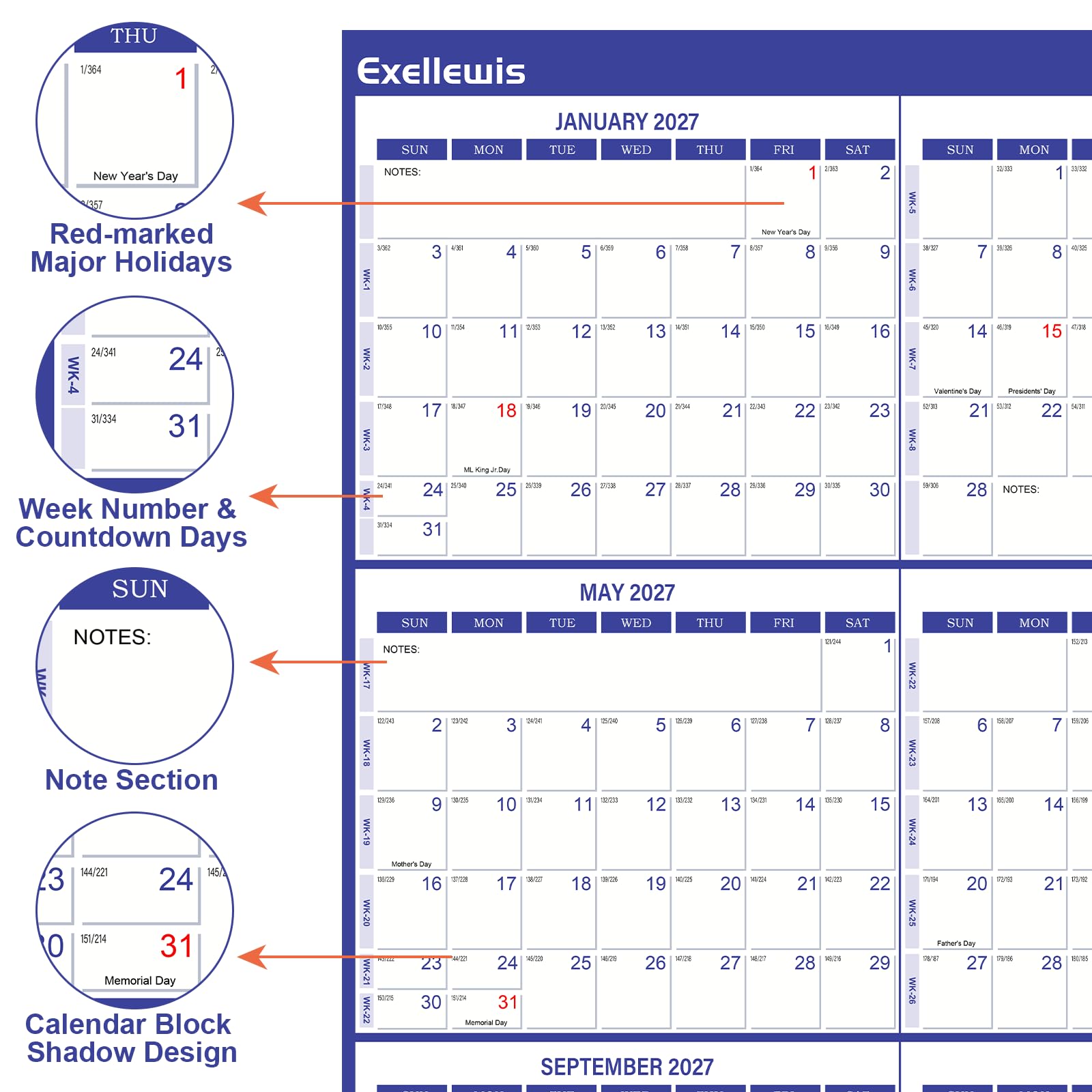 Calendario da parete 2026, 81,3 x 121,9 cm, 12 mesi da gennaio a dicembre, agenda annuale annuale grande, calendario orizzontale/verticale per una facile pianificazione, organizzazione (indaco)