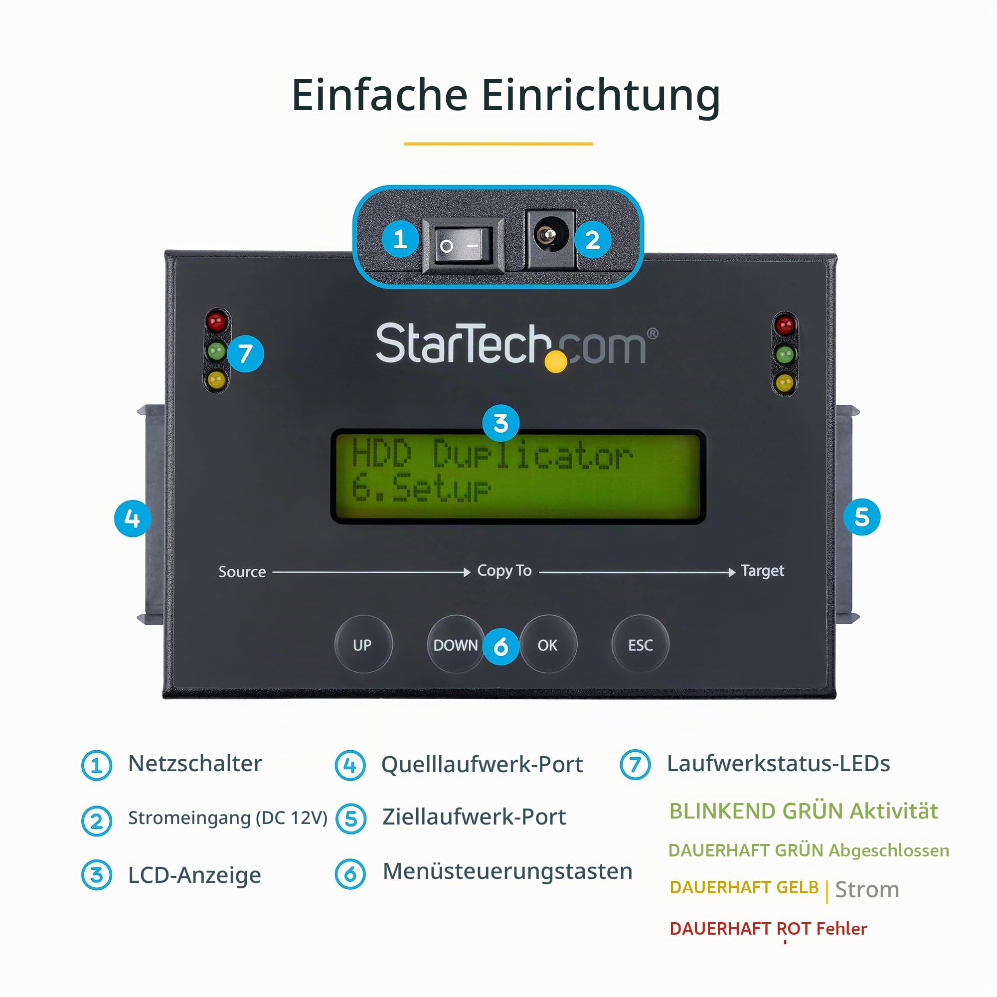 StarTech.com 2,5 / 3,5" SATA / SSD Festplatten Duplikator / Eraser - Festplatten Kopierstation mit 14 GB/s Duplizier-Geschwindigkeit
