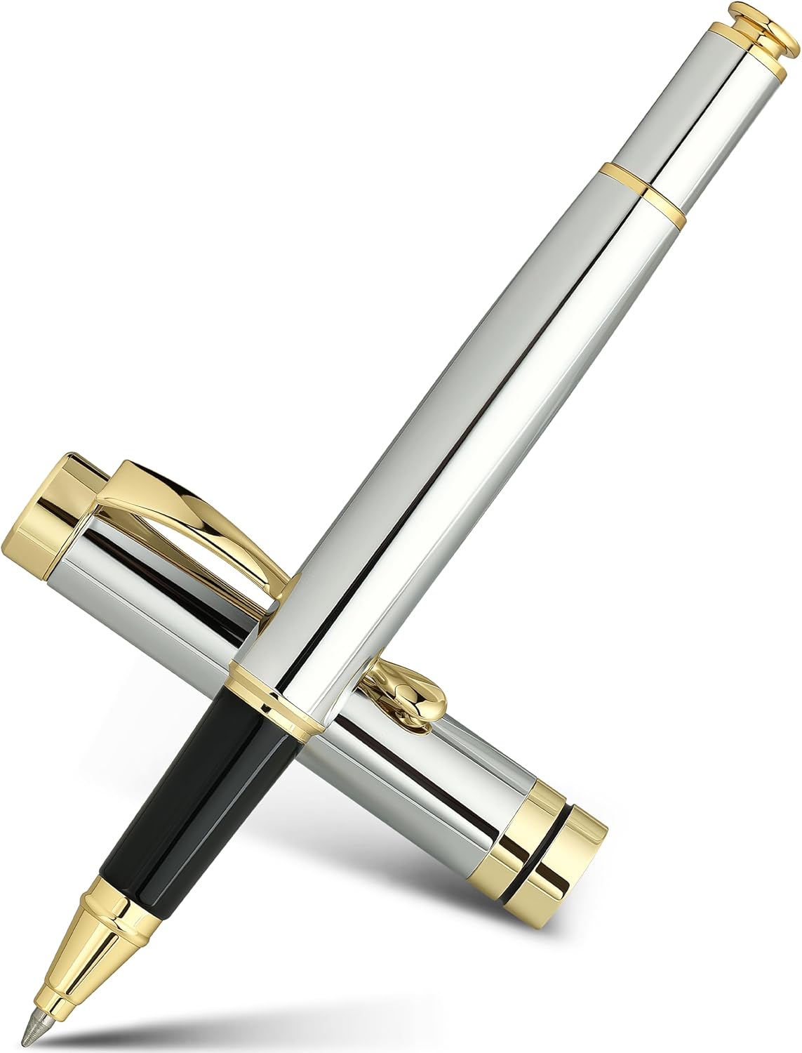 BEILUNER Rollerball Pen, Stunning Bright Silver Chrome with Golden Trim