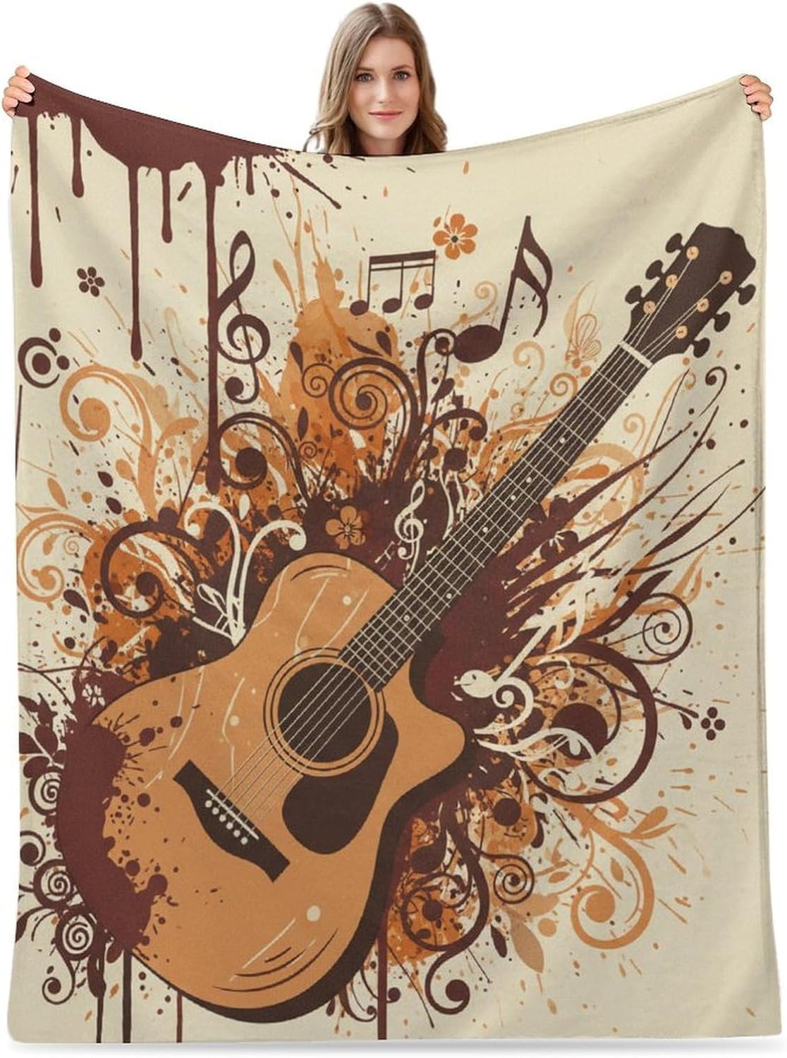Guitar and Notes Throw Blanket Lightweight Flannel Fleece Blankets Warm and Cozy Throws for Winter Bedding and Couch 50"X60" Inches for Adults