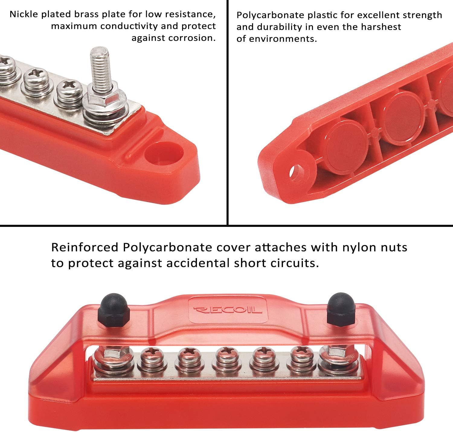 RECOIL BBS25P Bus Bar 2 x 1/4” Studs and 5 Screw Terminals Power Distribution Block with Ring Terminals Pair Red & Black