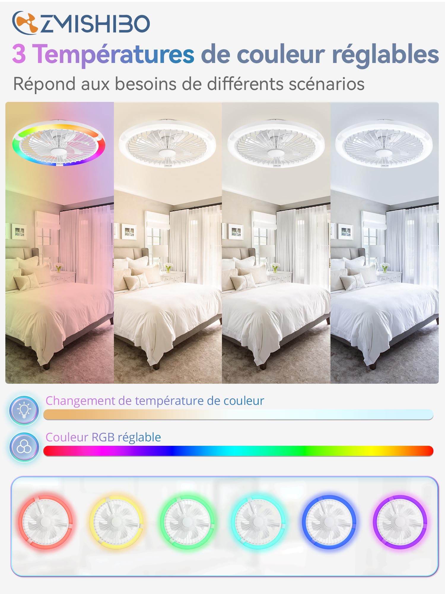 ZMISHIBO 50W Ventilateur de Plafond avec Lumière Ø50cm, 3 Couleurs, 6 Vitesses, Télécommande & Application, Mémoire, Luminosité Réglable 10-100%, Assemblage Requis (RGB)