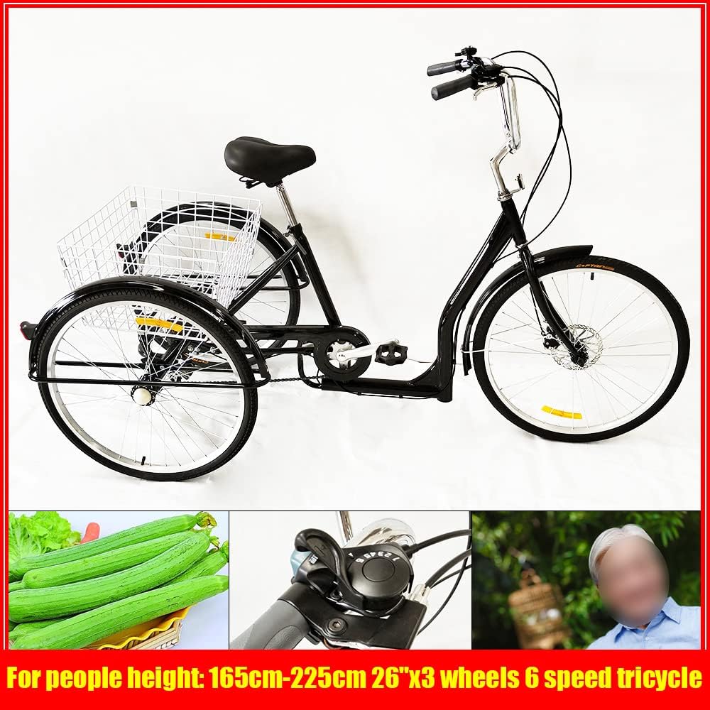 WeBert 3 Wheel Bicycle Adult Tricycle Bike 26 Inch 6 Speed Cruiser Bikes 3 Wheel Folding Bicycle Outdoor Elderly Tricycle with Basket