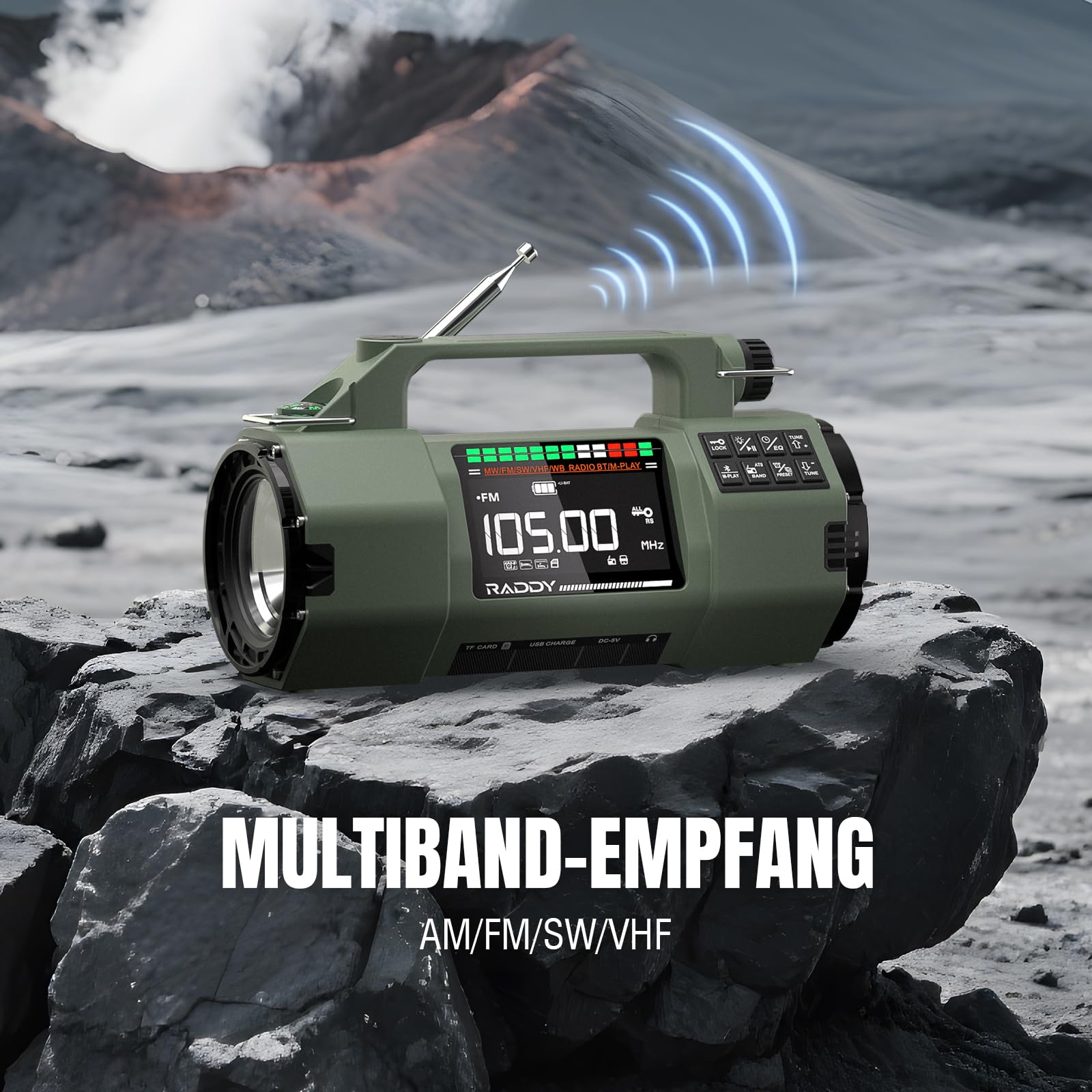 Raddy SH-907 Radio de Emergencia con Control App, manivela, Solar, Receptor Am/FM/SW/VHF con Batería Reemplazable de 5000 mAh, Linterna, SOS, Brújula para Cortes de Energía, Camping y Emergencias
