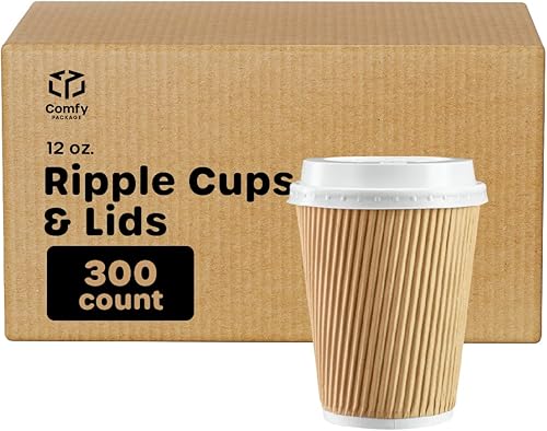 Comfy Package Caja de 300 tazas calientes de papel kraft ondulado aisladas, tazas de café desechables con tapas, ideales para bebidas calientes,