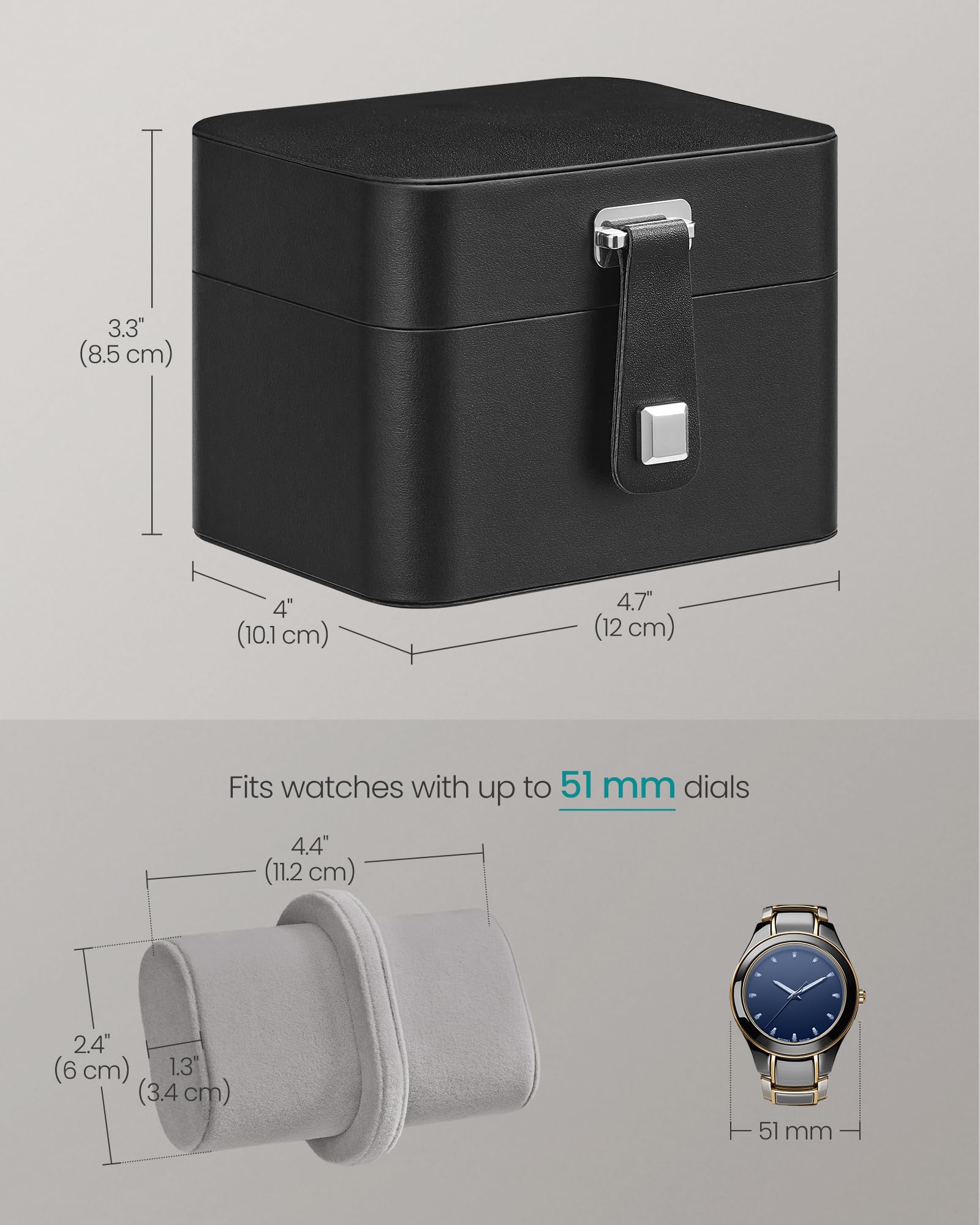 SONGMICS JWB029GD01 pudełko na zegarki do podróży z 2 przegródkami, etui na 2 zegarki, poduszka z ukrytym przechowywaniem, regulowana przegródka, kieszeń z klapką, 10,1 x 12 x 8,5 cm, pomysł na
