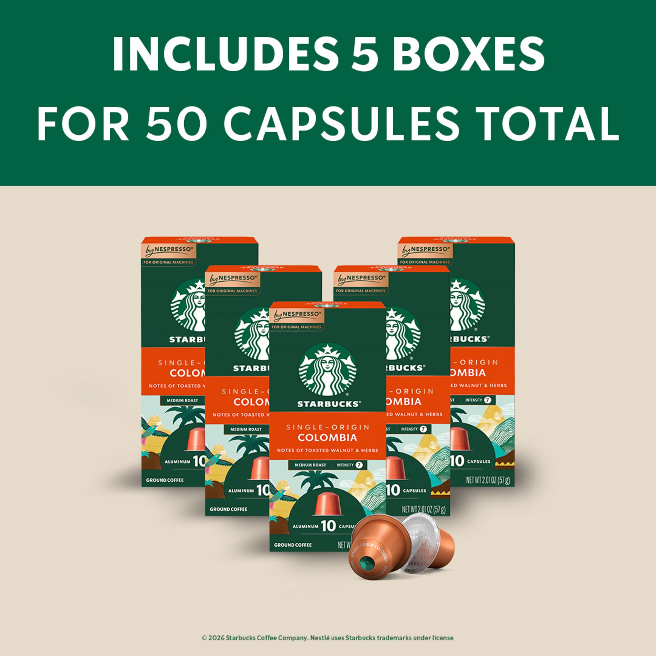 Starbucks by Nespresso, Single-Origin Colombia (50-count single serve capsules, compatible with Nespresso Original Line System)