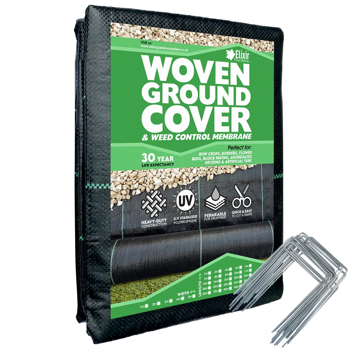 Elixir Gardens Heavy Duty Woven Weed Membrane 2m x 25m + 50 Galvanised Steel Staples