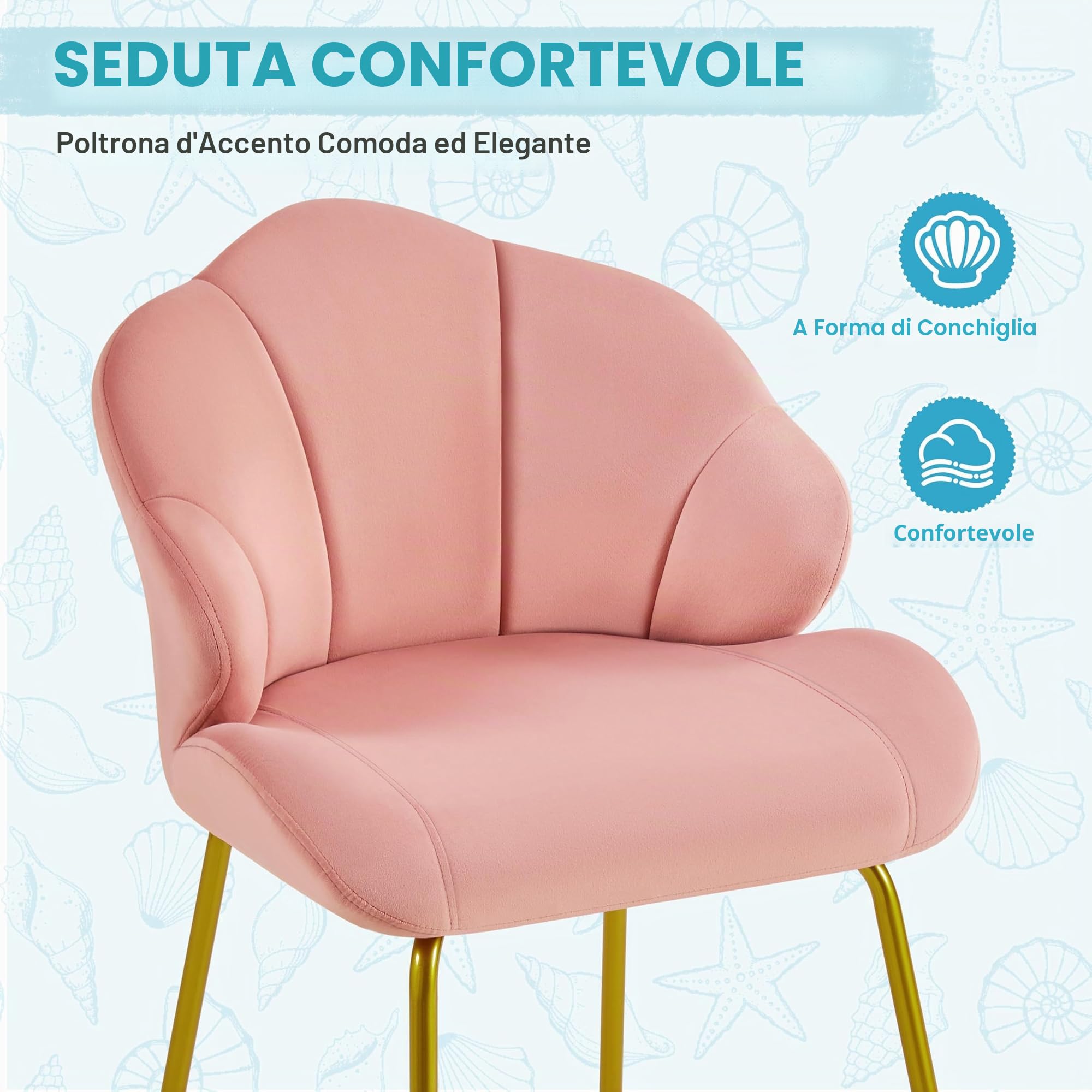Yaheetech Set 2 Sedie da Salotto Moderna Design a Conchiglia Sedia Imbottita da Soggiorno Poltrona in Velluto Camera da Letto Sedie con Schienale Gambe in Metallo Portata 136 KG Rosa/2 Pezzi
