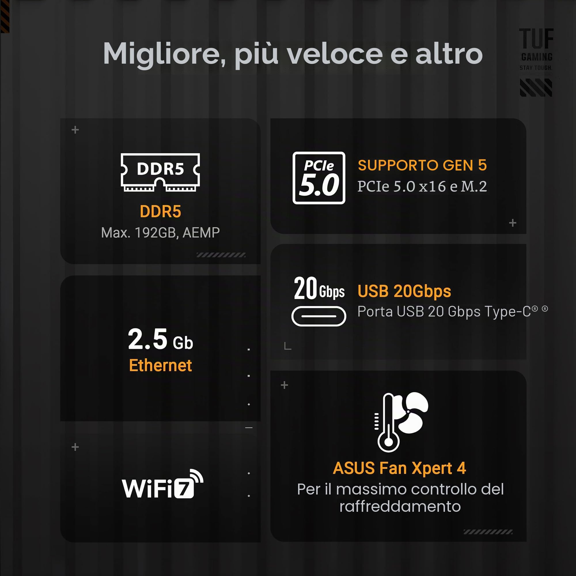 ASUS TUF Gaming B850-PLUS Scheda madre WiFi AMD AM5 B850 ATX, 14+2+1 stadi 80A, AI Ready, DDR5, PCIe 5.0, 3X M.2, Wi-Fi 7, 2.5Gb LAN, DisplayPort, HDMI, USB 10Gbps e 20Gbps Type-C, BIOS Flashback
