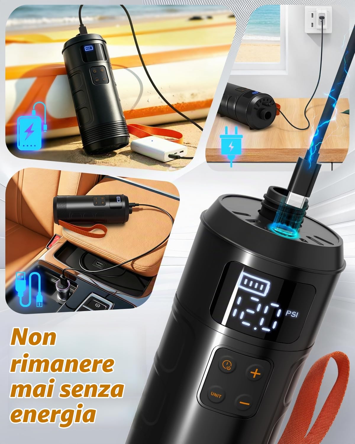 Mojimdo Pompa SUP Elettrica Cordless, Gonfiatore Ricaricabile 12 PSI con Auto-Spegnimento, Display Digitale e 7 Adattatori, Pompa Portatile per Tavola da SUP, Kayak, Gommone e Tenda da Campeggio