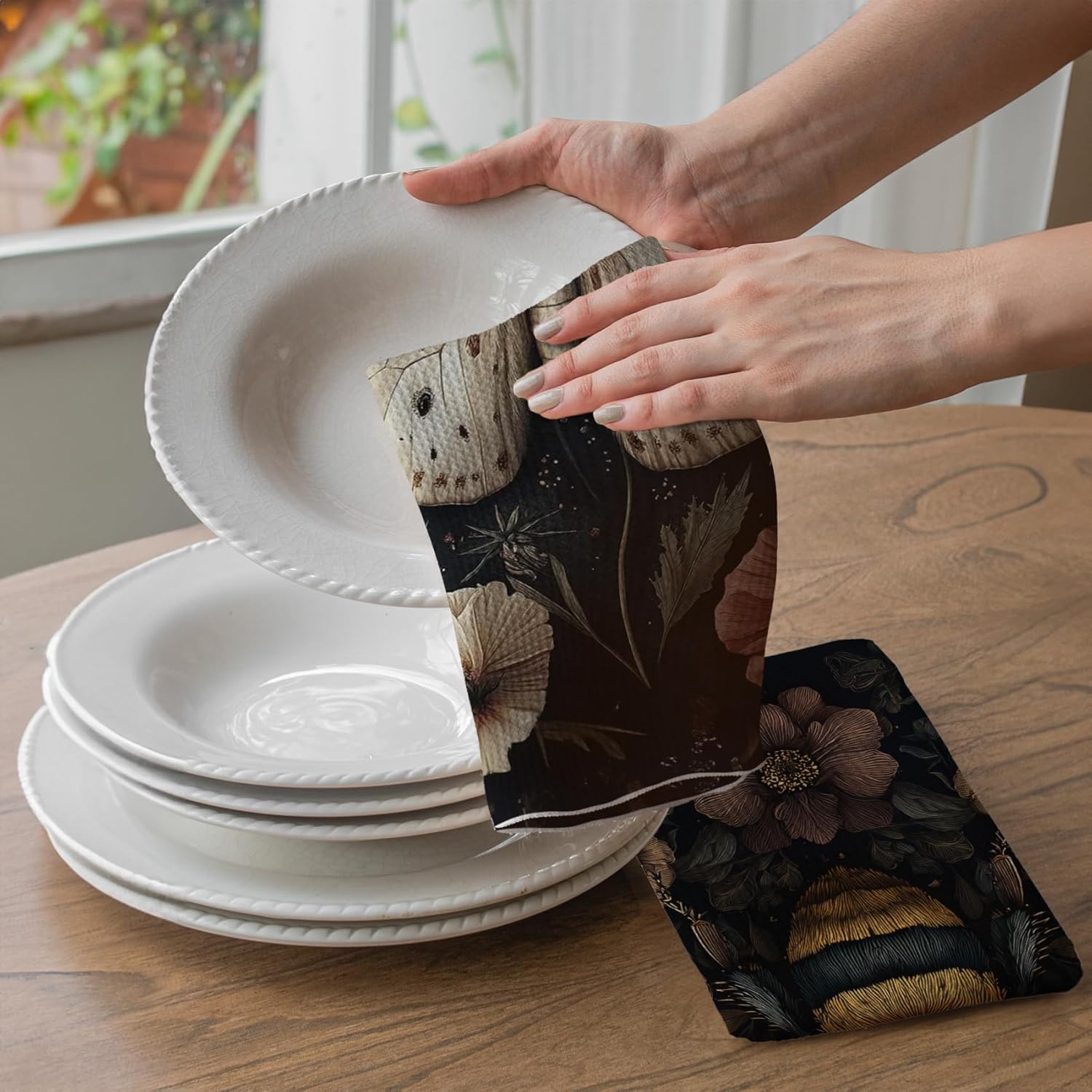 TNUW Vintage Cottagecore Insect Floral Kitchen Towels 16x24 Inch, Art Nouveau Decor Dish Tea Towels for Kitchen, Dark Moody Bee Butterfly Dragonfly Decorative Hand Towel for Bathroom, Set of 4