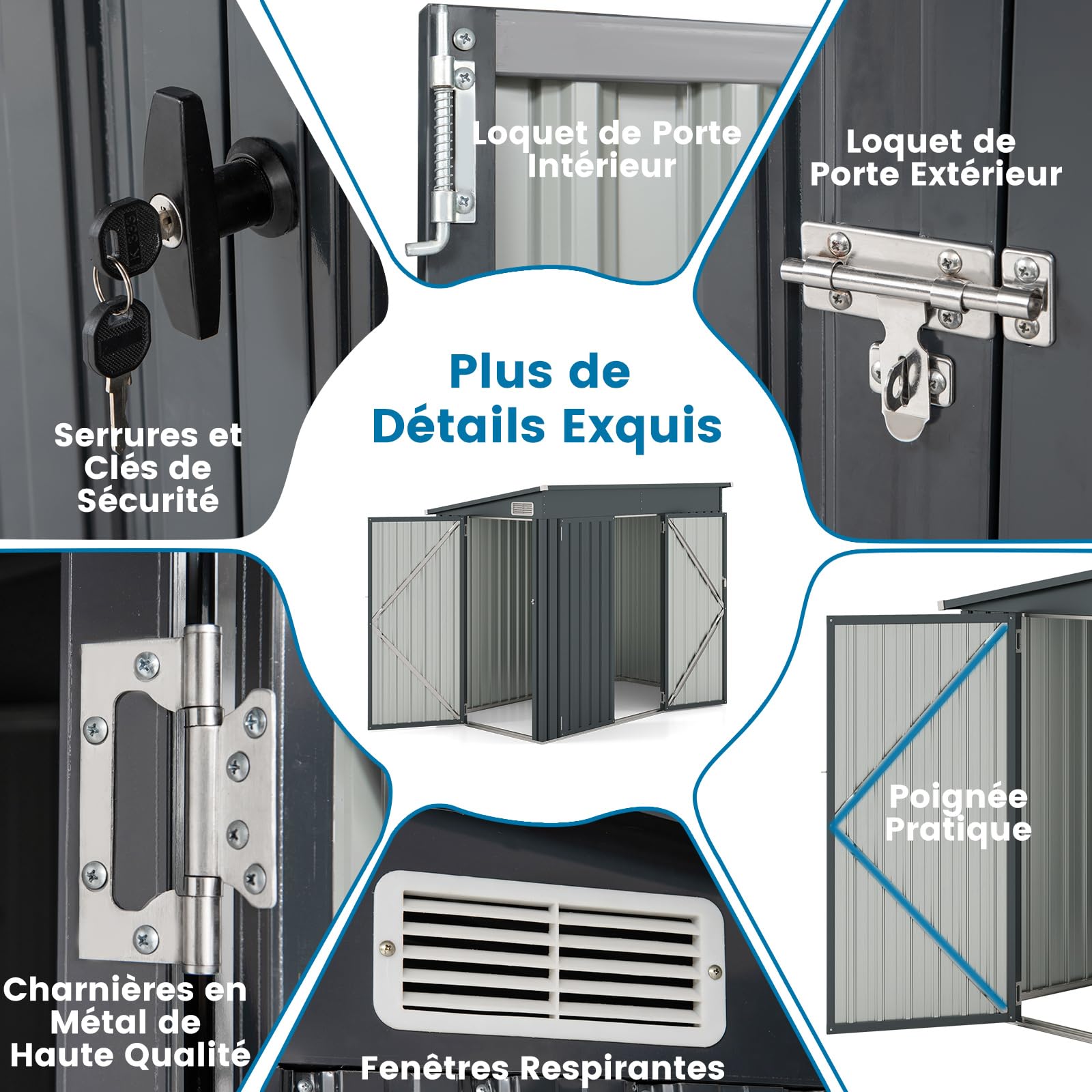 COSTWAY Abri de Jardin en Métal 2,6㎡, Cabane Jardin Exterieur en Acier Galvanisé 5,7 m³ avec Loquet, Porte avec serrure et clé, Toit en Pente, 4 Gants, 2 Trous d’Aérations, Abri Exterieur (Gris foncé)