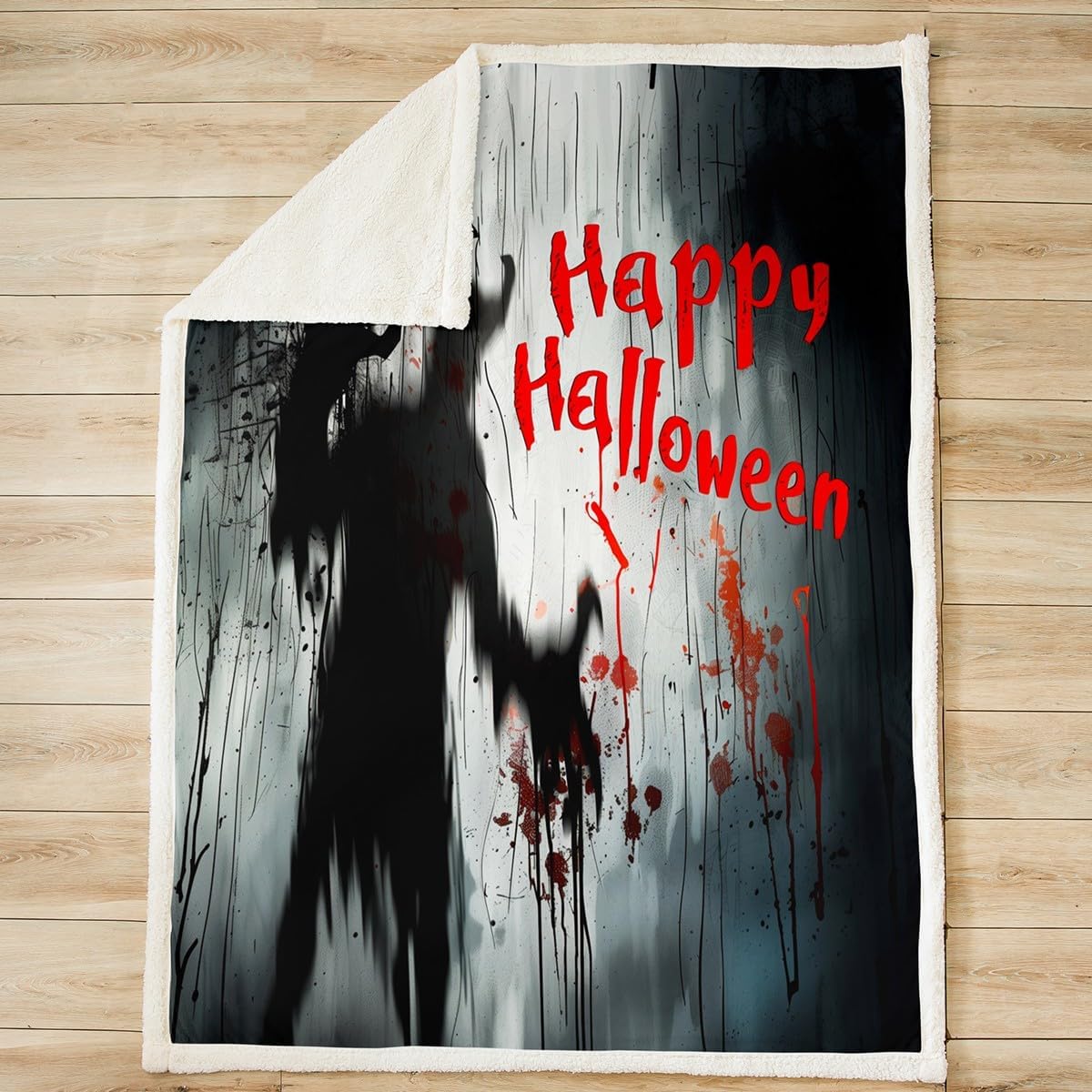Halloween Graffiti Flannel Blanket,Gothic Horror Style Ghost Print Fuzzy Blanket for Children Present,Halloween Red Gray Hand Painting Polyester Throw Blanket for Couch, Twin Size (60 x 80 Inch)