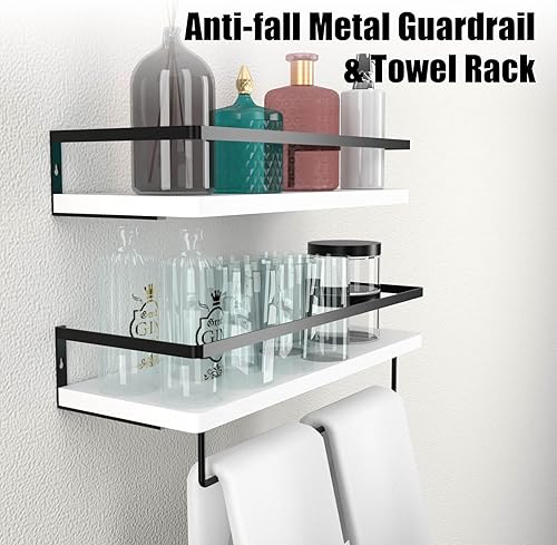 Miniatura 5 de Estantes flotantes blancos para baño con cesta de almacenamiento de papel higiénico, toallero y ganchos en S, organizadores y almacenamiento de